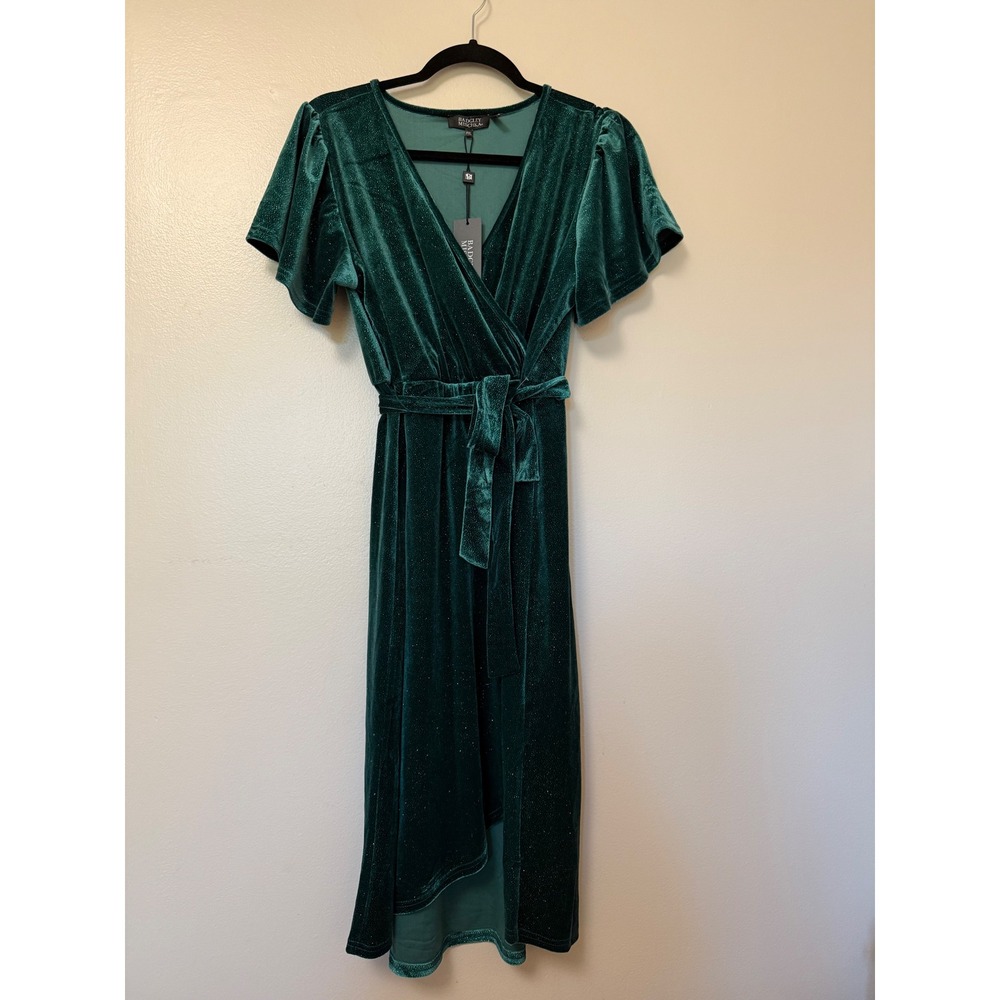 Badgley Mischka Green Glitter Velvet Faux Wrap Dress PXL